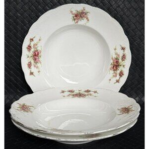 Set 3 Very Early Hall China Wide Rimmed Bowls Pink Rose Floral Pattern 1893 9 In